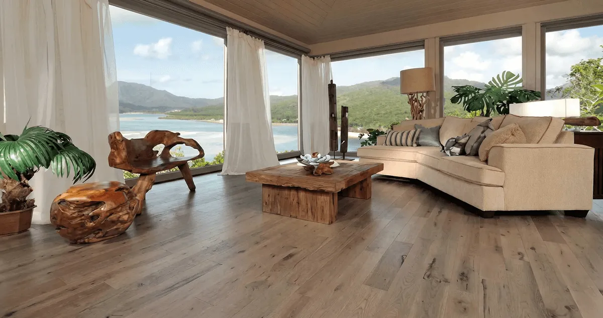 Professionally installed vinyl flooring in a modern living room with large windows in Overland Park, KS